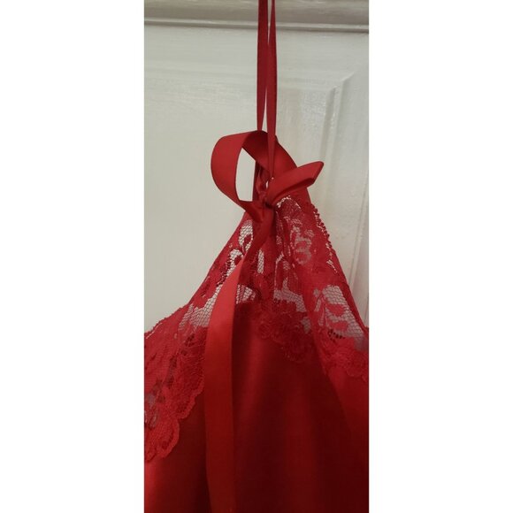 Victorias Secret Angel Red Lace Satin Nightgown Slip Dress Bow Adjustable Straps - Picture 3 of 16